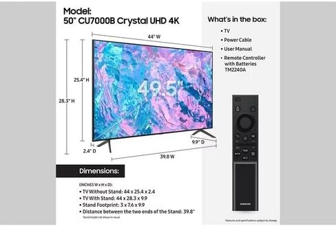 SAMSUNG 55-Inch CU7000 4K Smart TV HDR10+ Crystal Processor Bluetooth Q-Symphony Gaming Hub Object Tracking Sound Lite Compatible with Alexa & Google Assistant, 2023 Model (Renewed) in Saudi Arabia