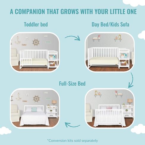 Milo 5-in-1 Convertible Crib and Changing Table with Free Changing Pad in Black and White, 3 Mattress Height Settings, Non-Toxic Finishes, Pinewood in Kuwait
