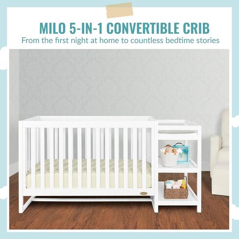 Milo 5-in-1 Convertible Crib and Changing Table with Free Changing Pad in Black and White, 3 Mattress Height Settings, Non-Toxic Finishes, Pinewood in Kuwait