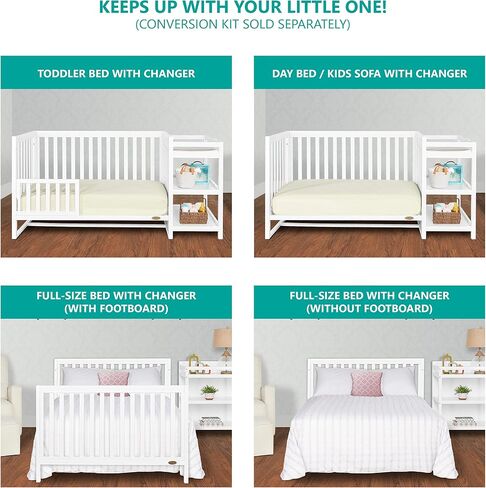 Milo 5-in-1 Convertible Crib and Changing Table with Free Changing Pad in Black and White, 3 Mattress Height Settings, Non-Toxic Finishes, Pinewood in Kuwait
