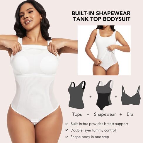 SHAPERIN V Neck Sleeveless Bodysuit for Women Built in Shapewear Bra Tank Top Tummy Control Thong Leotard in Kuwait
