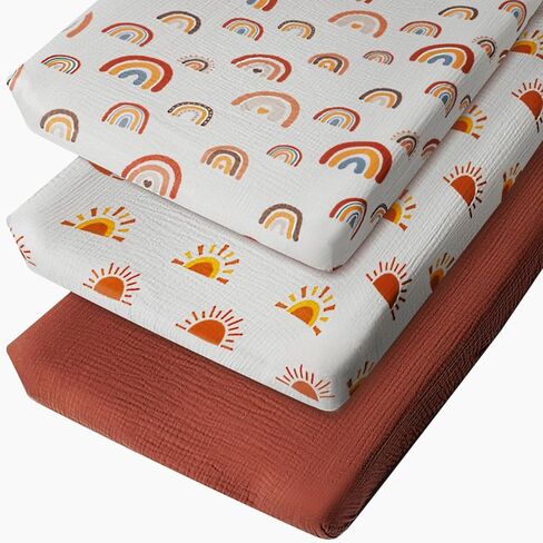 ملاءات سرير موسلين بوهو ملائمة للجنسين، ملاءات قطنية محايدة للجنسين للأطفال الأولاد والبنات، ملاءات ناعمة قابلة للتنفس للأطفال الصغار مع شمس بوهو وقوس قزح (ملاءة سرير) in Kuwait