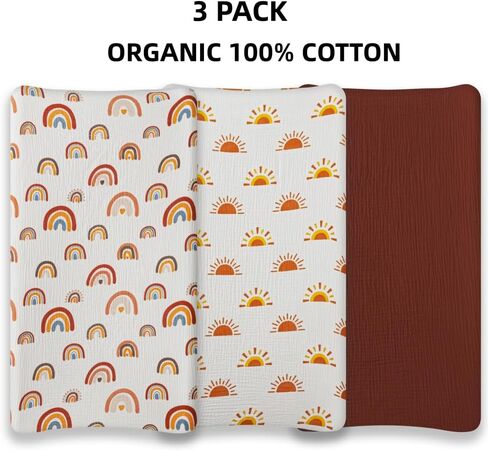 ملاءات سرير موسلين بوهو ملائمة للجنسين، ملاءات قطنية محايدة للجنسين للأطفال الأولاد والبنات، ملاءات ناعمة قابلة للتنفس للأطفال الصغار مع شمس بوهو وقوس قزح (ملاءة سرير) in Kuwait