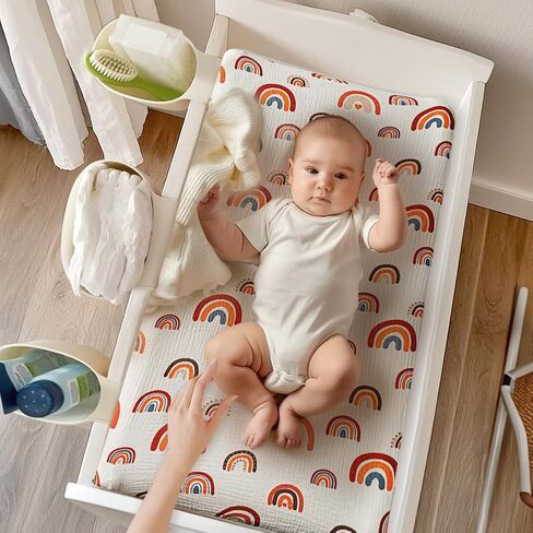 ملاءات سرير موسلين بوهو ملائمة للجنسين، ملاءات قطنية محايدة للجنسين للأطفال الأولاد والبنات، ملاءات ناعمة قابلة للتنفس للأطفال الصغار مع شمس بوهو وقوس قزح (ملاءة سرير) in Kuwait