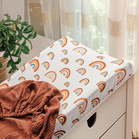 ملاءات سرير موسلين بوهو ملائمة للجنسين، ملاءات قطنية محايدة للجنسين للأطفال الأولاد والبنات، ملاءات ناعمة قابلة للتنفس للأطفال الصغار مع شمس بوهو وقوس قزح (ملاءة سرير) in Kuwait