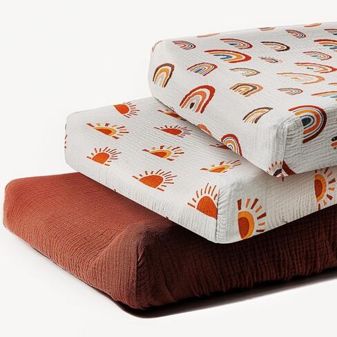 ملاءات سرير موسلين بوهو ملائمة للجنسين، ملاءات قطنية محايدة للجنسين للأطفال الأولاد والبنات، ملاءات ناعمة قابلة للتنفس للأطفال الصغار مع شمس بوهو وقوس قزح (ملاءة سرير) in Kuwait