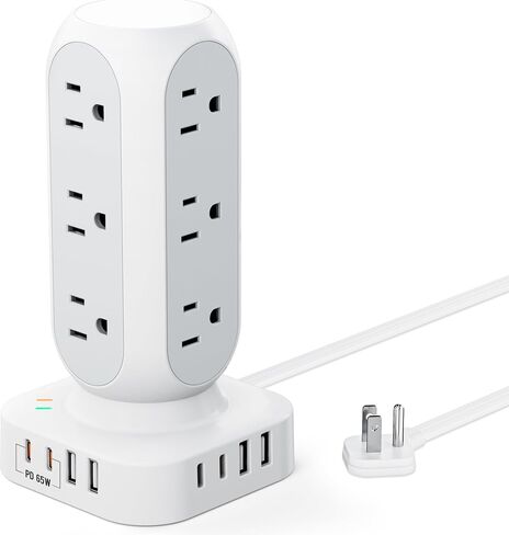 65W Fast Charging Station, Flat Plug Power Strip Tower with 12 AC Outlets & 8 USB Ports (2 PD USB-C Ports), 10FT Extension Cord, Compatible for MacBook Pro, iPhone Series. in Saudi Arabia