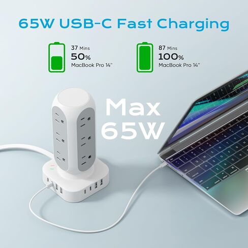 65W Fast Charging Station, Flat Plug Power Strip Tower with 12 AC Outlets & 8 USB Ports (2 PD USB-C Ports), 10FT Extension Cord, Compatible for MacBook Pro, iPhone Series. in Saudi Arabia