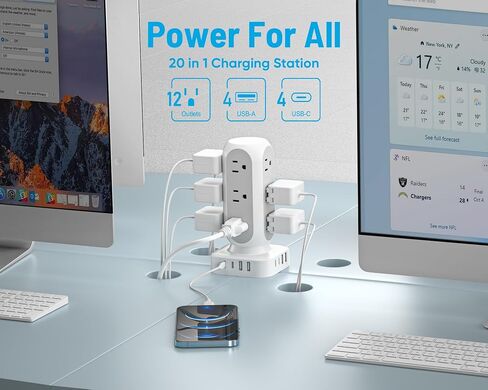 65W Fast Charging Station, Flat Plug Power Strip Tower with 12 AC Outlets & 8 USB Ports (2 PD USB-C Ports), 10FT Extension Cord, Compatible for MacBook Pro, iPhone Series. in Saudi Arabia