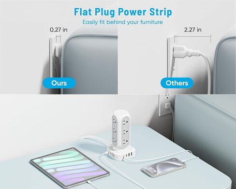 65W Fast Charging Station, Flat Plug Power Strip Tower with 12 AC Outlets & 8 USB Ports (2 PD USB-C Ports), 10FT Extension Cord, Compatible for MacBook Pro, iPhone Series. in Saudi Arabia