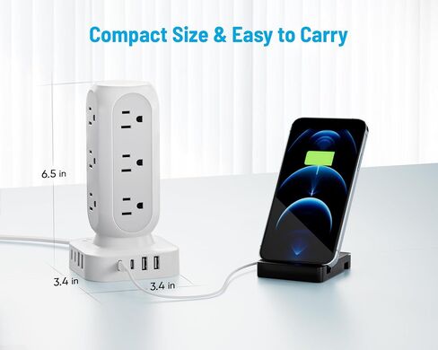 65W Fast Charging Station, Flat Plug Power Strip Tower with 12 AC Outlets & 8 USB Ports (2 PD USB-C Ports), 10FT Extension Cord, Compatible for MacBook Pro, iPhone Series. in Saudi Arabia