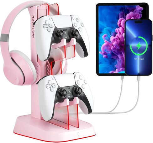 6 RGB Lights Gaming Headset Stand Controller Holder for desk, Acrylic Headphones & Controller Stand PC Gaming Accessories for PS4 PS5 Controller Xbox ONE with USB Charging Ports (Black) in Saudi Arabia