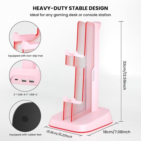 6 RGB Lights Gaming Headset Stand Controller Holder for desk, Acrylic Headphones & Controller Stand PC Gaming Accessories for PS4 PS5 Controller Xbox ONE with USB Charging Ports (Black) in Saudi Arabia