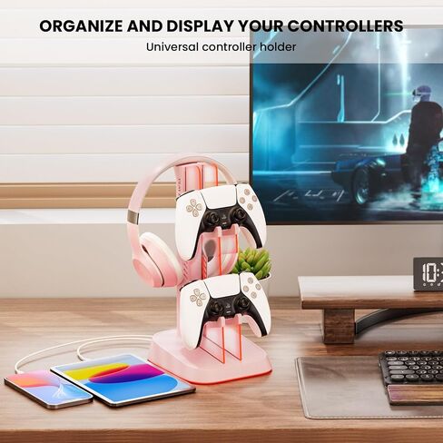 6 RGB Lights Gaming Headset Stand Controller Holder for desk, Acrylic Headphones & Controller Stand PC Gaming Accessories for PS4 PS5 Controller Xbox ONE with USB Charging Ports (Black) in Saudi Arabia