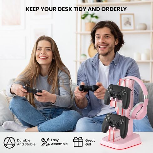 6 RGB Lights Gaming Headset Stand Controller Holder for desk, Acrylic Headphones & Controller Stand PC Gaming Accessories for PS4 PS5 Controller Xbox ONE with USB Charging Ports (Black) in Saudi Arabia