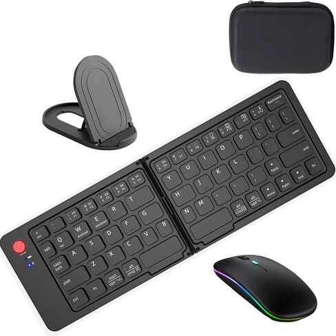 Foldable Keyboard and Mouse,Wireless Keyboard Mouse Combo with Portable Case, Rechargeable Bluetooth Travel Multi-Device Keyboard Mouse for Windows iOS Android, PC/Laptop/Ipad/Tablet in Saudi Arabia