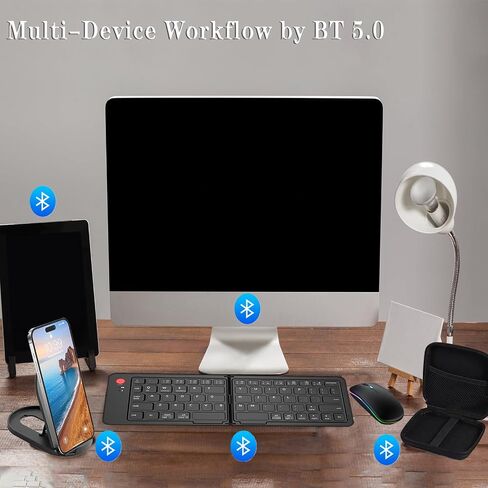 Foldable Keyboard and Mouse,Wireless Keyboard Mouse Combo with Portable Case, Rechargeable Bluetooth Travel Multi-Device Keyboard Mouse for Windows iOS Android, PC/Laptop/Ipad/Tablet in Saudi Arabia