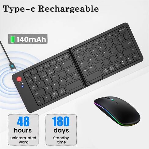 Foldable Keyboard and Mouse,Wireless Keyboard Mouse Combo with Portable Case, Rechargeable Bluetooth Travel Multi-Device Keyboard Mouse for Windows iOS Android, PC/Laptop/Ipad/Tablet in Saudi Arabia