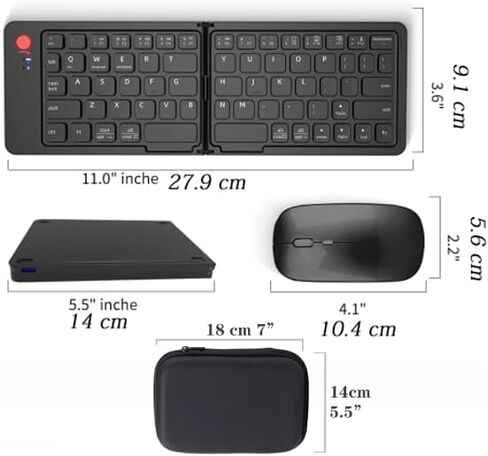 Foldable Keyboard and Mouse,Wireless Keyboard Mouse Combo with Portable Case, Rechargeable Bluetooth Travel Multi-Device Keyboard Mouse for Windows iOS Android, PC/Laptop/Ipad/Tablet in Saudi Arabia