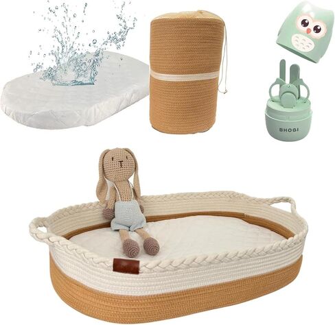 Baby Changing Basket with Baby Nail Clippers Kit - Handcrafted 100% Organic Cotton, Lightweight, Waterproof Cover, Raised Edges, Foam Mattress, Security Strap (White Beige) in Saudi Arabia