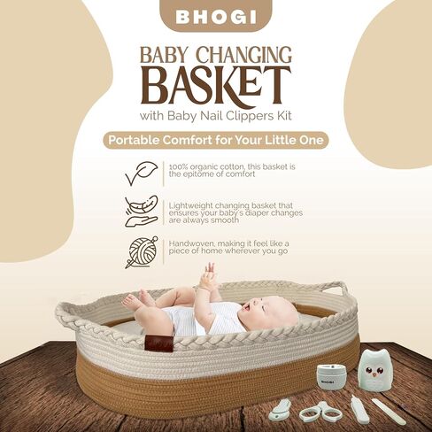 Baby Changing Basket with Baby Nail Clippers Kit - Handcrafted 100% Organic Cotton, Lightweight, Waterproof Cover, Raised Edges, Foam Mattress, Security Strap (White Beige) in Saudi Arabia