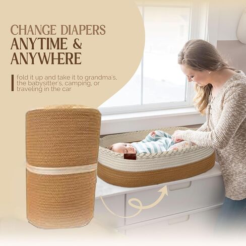 Baby Changing Basket with Baby Nail Clippers Kit - Handcrafted 100% Organic Cotton, Lightweight, Waterproof Cover, Raised Edges, Foam Mattress, Security Strap (White Beige) in Saudi Arabia