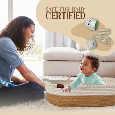Baby Changing Basket with Baby Nail Clippers Kit - Handcrafted 100% Organic Cotton, Lightweight, Waterproof Cover, Raised Edges, Foam Mattress, Security Strap (White Beige) in Saudi Arabia