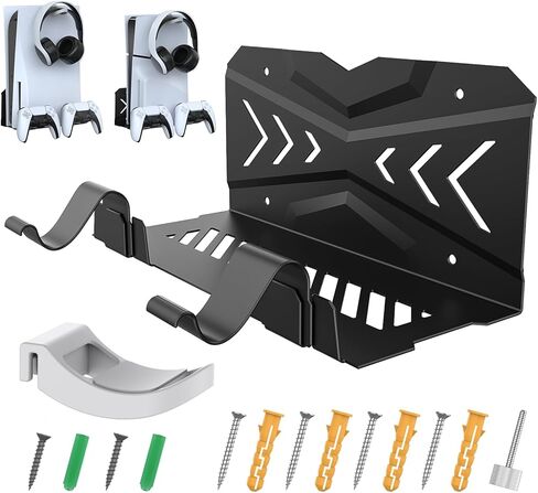 حامل جداري من جوريكسر لوحدة تحكم PS5 Slim/PS5، طقم تثبيت على الحائط مع حاملي وحدة تحكم قابلين للفصل وحامل سماعة رأس، معدن صلب مع ملحقات إصدار Playstation 5 الرقمية/القرص، سهل التركيب in Kuwait