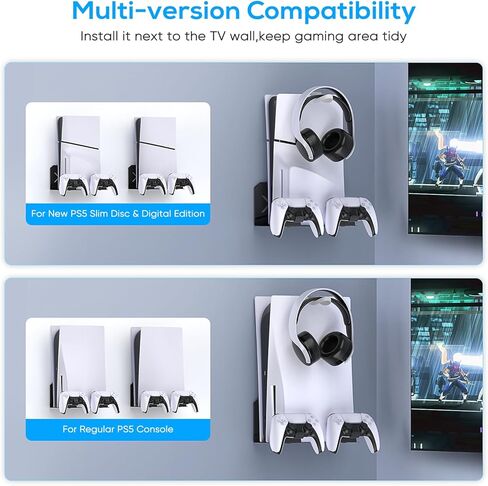 حامل جداري من جوريكسر لوحدة تحكم PS5 Slim/PS5، طقم تثبيت على الحائط مع حاملي وحدة تحكم قابلين للفصل وحامل سماعة رأس، معدن صلب مع ملحقات إصدار Playstation 5 الرقمية/القرص، سهل التركيب in Kuwait