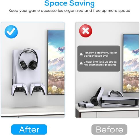 حامل جداري من جوريكسر لوحدة تحكم PS5 Slim/PS5، طقم تثبيت على الحائط مع حاملي وحدة تحكم قابلين للفصل وحامل سماعة رأس، معدن صلب مع ملحقات إصدار Playstation 5 الرقمية/القرص، سهل التركيب in Kuwait