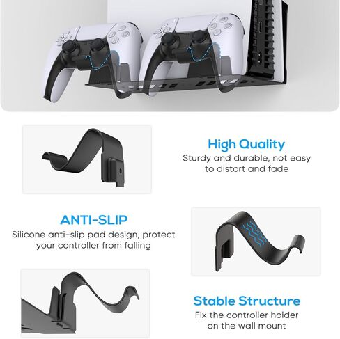 حامل جداري من جوريكسر لوحدة تحكم PS5 Slim/PS5، طقم تثبيت على الحائط مع حاملي وحدة تحكم قابلين للفصل وحامل سماعة رأس، معدن صلب مع ملحقات إصدار Playstation 5 الرقمية/القرص، سهل التركيب in Kuwait