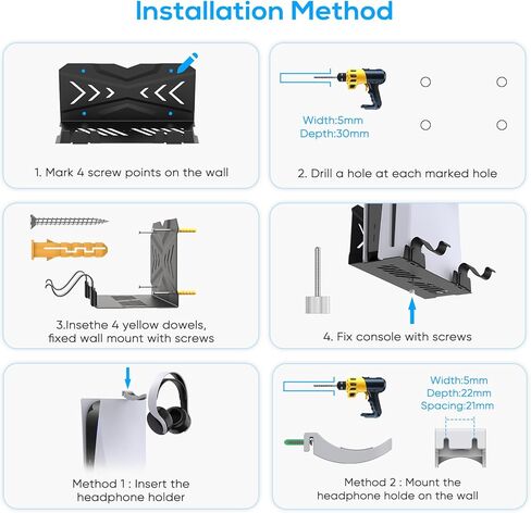 حامل جداري من جوريكسر لوحدة تحكم PS5 Slim/PS5، طقم تثبيت على الحائط مع حاملي وحدة تحكم قابلين للفصل وحامل سماعة رأس، معدن صلب مع ملحقات إصدار Playstation 5 الرقمية/القرص، سهل التركيب in Kuwait