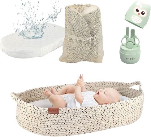 Baby Changing Basket with Baby Nail Clippers Kit - Handcrafted 100% Organic Cotton, Lightweight, Waterproof Cover, Raised Edges, Foam Mattress, Security Strap (White Beige) in Saudi Arabia