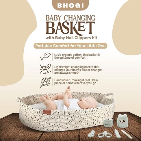 Baby Changing Basket with Baby Nail Clippers Kit - Handcrafted 100% Organic Cotton, Lightweight, Waterproof Cover, Raised Edges, Foam Mattress, Security Strap (White Beige) in Saudi Arabia