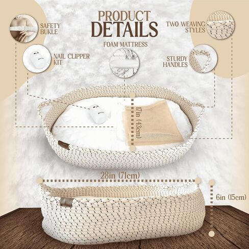 Baby Changing Basket with Baby Nail Clippers Kit - Handcrafted 100% Organic Cotton, Lightweight, Waterproof Cover, Raised Edges, Foam Mattress, Security Strap (White Beige) in Saudi Arabia
