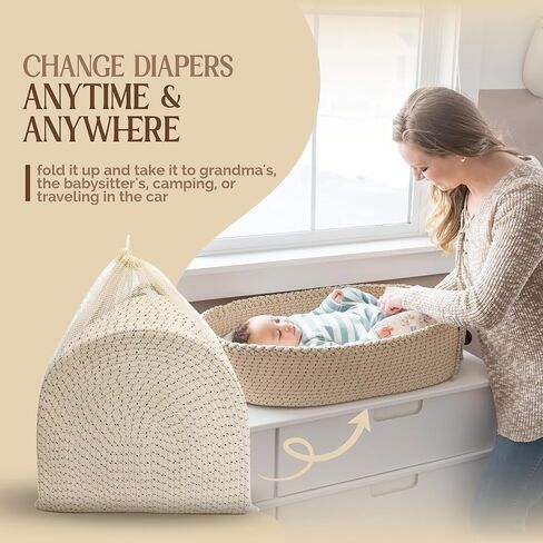 Baby Changing Basket with Baby Nail Clippers Kit - Handcrafted 100% Organic Cotton, Lightweight, Waterproof Cover, Raised Edges, Foam Mattress, Security Strap (White Beige) in Saudi Arabia
