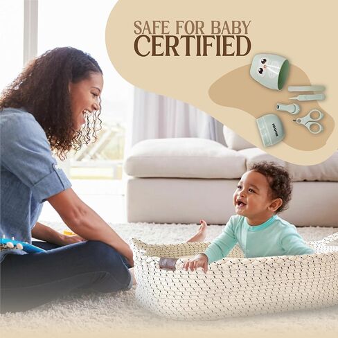Baby Changing Basket with Baby Nail Clippers Kit - Handcrafted 100% Organic Cotton, Lightweight, Waterproof Cover, Raised Edges, Foam Mattress, Security Strap (White Beige) in Saudi Arabia