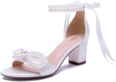 Pearl Heels Wedding Shoes for Bride Block Heel Wedding Sandals Open Toe Bridal Shoes Wedding Heels with Bow in Kuwait