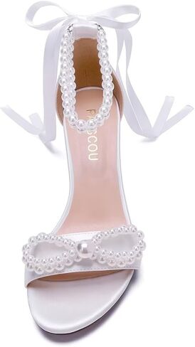 Pearl Heels Wedding Shoes for Bride Block Heel Wedding Sandals Open Toe Bridal Shoes Wedding Heels with Bow in Kuwait
