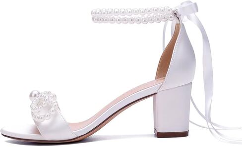 Pearl Heels Wedding Shoes for Bride Block Heel Wedding Sandals Open Toe Bridal Shoes Wedding Heels with Bow in Kuwait