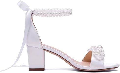 Pearl Heels Wedding Shoes for Bride Block Heel Wedding Sandals Open Toe Bridal Shoes Wedding Heels with Bow in Kuwait