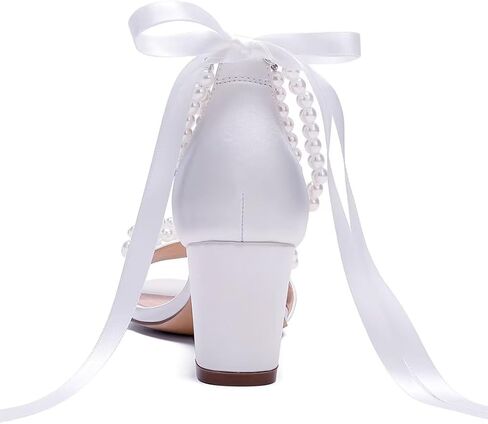 Pearl Heels Wedding Shoes for Bride Block Heel Wedding Sandals Open Toe Bridal Shoes Wedding Heels with Bow in Kuwait