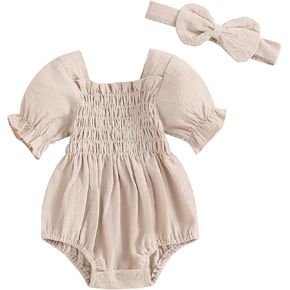 ZAXARRA Infant Baby Girl Plaid Romper Baby Pleated Romper Ruffle Festival Bodysuit Spring Summer Clothes with Headband