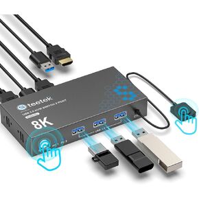 HDMI KVM Switch 1 Monitor 2 Computers, 8K@60Hz KVM Switches for 2 Computers Sharing Monitor Keyboard Mouse Hard Drives Printer,with EDID Adaptive,2*USB Cable and Controller.