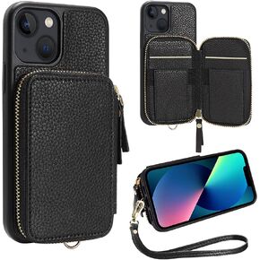 ZVE for iPhone 13 ProMax Wallet Case with Card Holder, Zipper RFID Blocking Phone Case with Wrist Strap, Leather Handbag Case for Women Case for iPhone 13 Pro Max 6.7"(2021)- Black