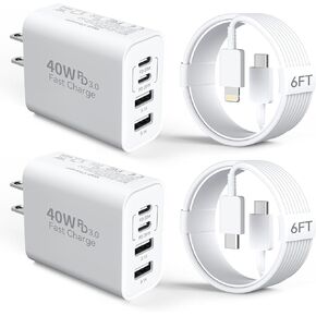 40W Phone 15/14 Charger Fast Charging, 4-Port 40W Dual USB-C & USB-A Charger Block with 6FT USB-C to C Cable&USB-C to L Cable for Phone 15/14/13/12/11 Promax/Pro/Plus, iPad pro/Mini-2Pack