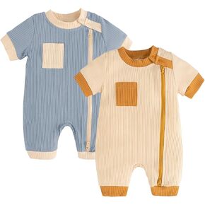 Volunboy Newborn Summer Clothes Unisex Baby Boy Girl 2 Pack Rompers Short Sleeve Two Way Zipper One-piece Jumpsuits Bodysuits