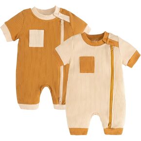 Volunboy Newborn Summer Clothes Unisex Baby Boy Girl 2 Pack Rompers Short Sleeve Two Way Zipper One-piece Jumpsuits Bodysuits