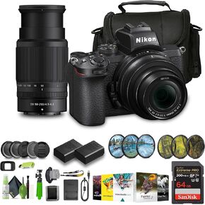 Nikon Z50 Compact Lightweight Mirrorless Camera with 16-50mm and 50-250mm Lenses + ENEL25 Replacement Battery + Extreme PRO 64GB Card+ UV Lens Filter + Photo Editing Software + More | For Photography & Video + 16-50mm Lens + 64GB Memory Card + More in Kuwait
