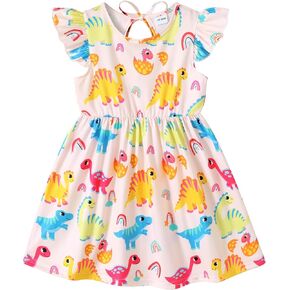Happy Town Toddler Baby Girl Dress Summer Clothes Dinosaur Print Fly Sleeve Dresses Casual Sundress
